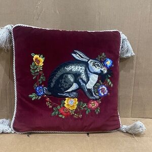 Gucci Red Accent Pillow with Embroidered Rabbit and Floral Design